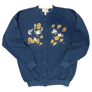VTG 90s Morning Sun Birds Art Print Cardigan Sweatshirt USA Woman’s M Fall Navy